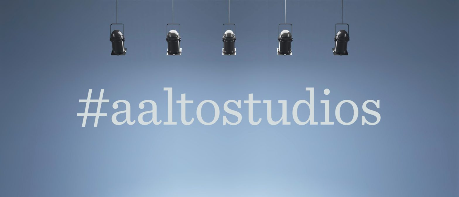 Illustration featuring an empty stage and the hashtag aaltostudios