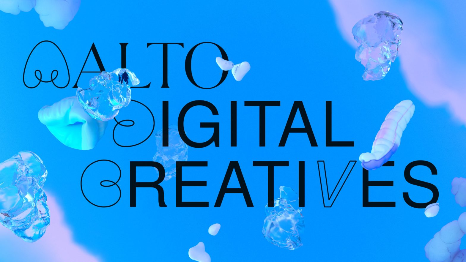 Blue background with organic abtsract figures and stylized text Aalto Digital Creatives